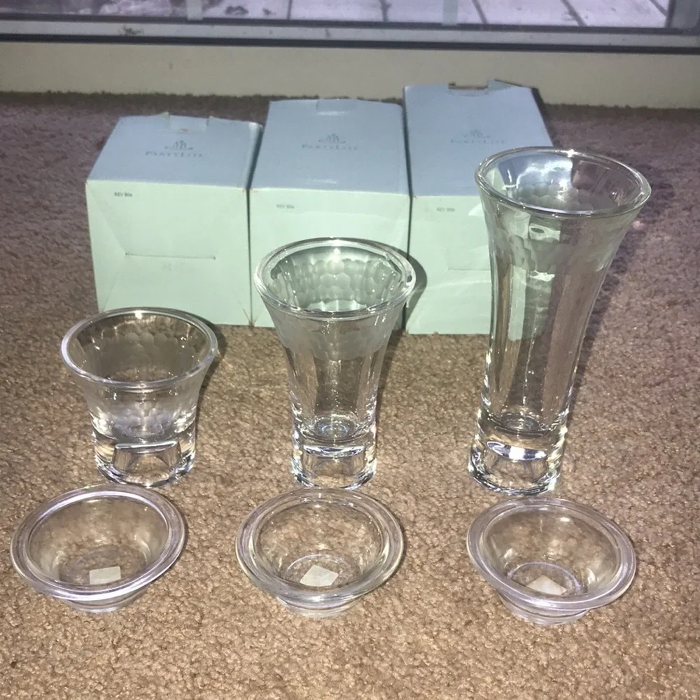 PartyLite clarity etched glass taper/tea light candle holders set of 3 NIB - Picture 2 of 11